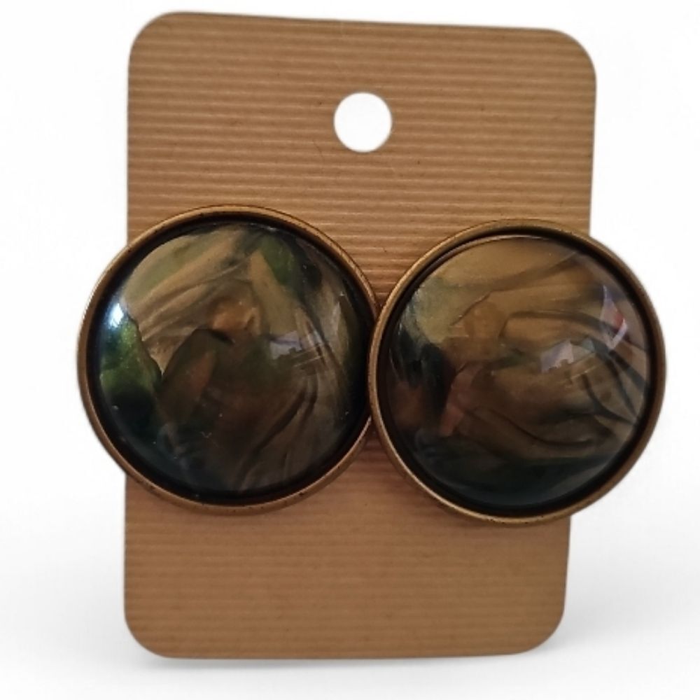 Vintage Gold Tone Marbled Dome Stud Earrings Earth Tone Retro Statement
